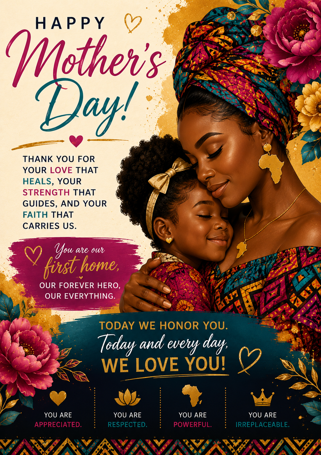 Happy Mother's Day Card – Black Mother in Gele with Child